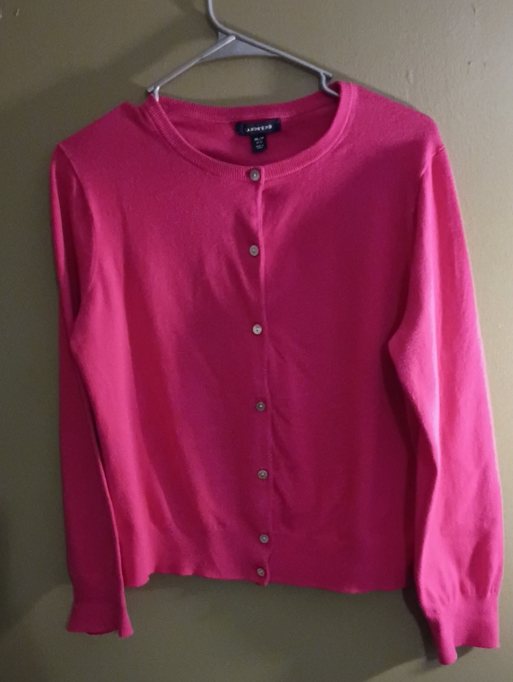 Lands End Women's M/P 10-12 Bright Pink  Button-Front Crewneck Cardigan